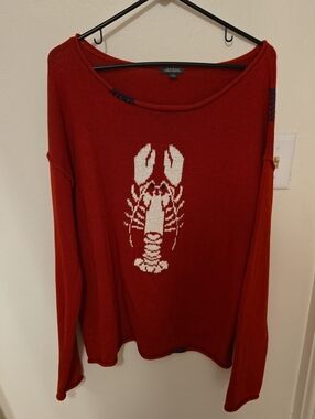 Red Boatneck Sweater with White Lobster Graphic